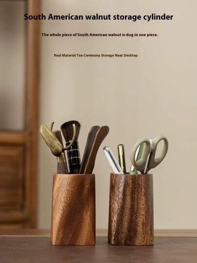1 件实心胡桃木复古储物桶、茶具容器、笔筒、现代简约木制办公桌文具收纳盒，手工制作胡桃木，颜色和尺寸可能有所不同