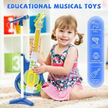 Contixo 兒童音樂吉他和麥克風套裝，配有支架和可調節高度，具有雙重播放模式。適合3歲以上兒童的音樂玩具（藍色）