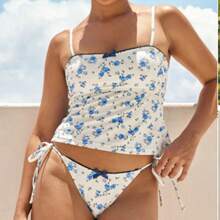 Tankini Swimsuits For Women Bow Tie Side Bathing Suits Tie Front Tummy Control Spliced Ruffles Bikini Sets Control High Cut Two Piece Bathing Suits - Blue - View 4