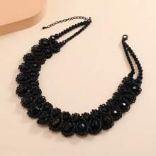 1pc Electroplated Black Aluminum Chain & Crystal Classic Elegant Bib Necklace For Women, Versatile For Formal Event, Party, Holiday Outfit, Great Gift