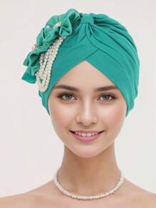 1 pieza Elegante pañuelo decorado con flores y perlas para el cabello de mujer