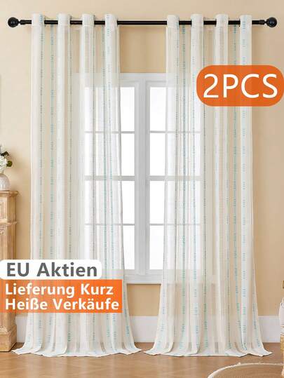 VEHEDE 2pcs Beige And Blue Striped Semi-Sheer Linen Curtains, Suitable For Living Room; Embroidered Linen Texture Curtains, Suitable For Bedroom