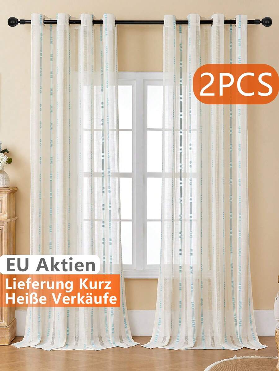 VEHEDE 2pcs Beige And Blue Striped Semi-Sheer Linen Curtains, Suitable For Living Room; Embroidered Linen Texture Curtains, Suitable For Bedroom - Beige & Blue - View 1