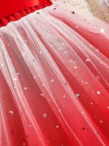 coviviky Blusa de manga corta acanalada y vestido con malla de lentejuelas degradadas con cinturón para niñas, cómodo y dulce, para verano