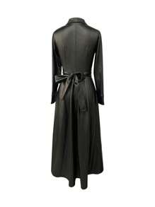 女士优雅长裙，纯色单排扣长袖系带连衣裙，无口袋，适合节日派对穿着，黑色 - 黑色 - 查看 5