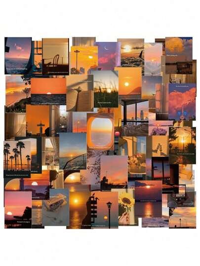 60 件日落复古装饰贴纸，优雅的日落氛围贴纸，适用于计划器、笔记本、冰箱、防水贴纸、日落装饰卡、墙壁、卧室、明信片、相框、高品质日落贴纸房间装饰家居装饰墙贴墙面装饰趣味贴纸个性化贴纸剪贴簿用品剪贴簿