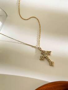Monlansher Nuova collana con ciondolo a croce in acciaio inossidabile per donna, realizzata a mano con zirconia cubica, design alla moda e versatile per uso quotidiano