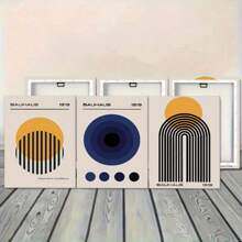 3PCS Canvas Wrapping Frame Bauhaus Abstract Wall Art, Geometric Designs With Circles, Arches, And Bold Colors, Premium Canvas Wall Décor, Ideal For Living Room, Office, Or Modern Spaces.