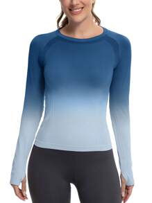 MathCat Long Sleeve Workout Tops For Women, Gradient Running Athletic Shirts, Seamless Breathable Tops With Thumb Holes - Màu xanh nước biển chuyển màu - Xem 1
