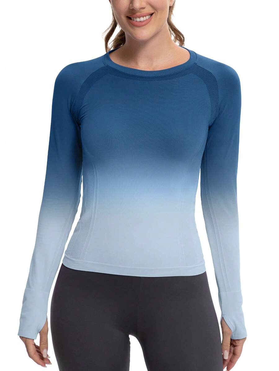 MathCat Long Sleeve Workout Tops For Women, Gradient Running Athletic Shirts, Seamless Breathable Tops With Thumb Holes - Màu xanh nước biển chuyển màu - Xem 1