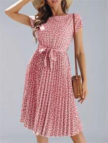 Summer Round Neck Short Sleeve Ditsy Floral Ruffle Bohemian Vacation Dress - Pink - View 4