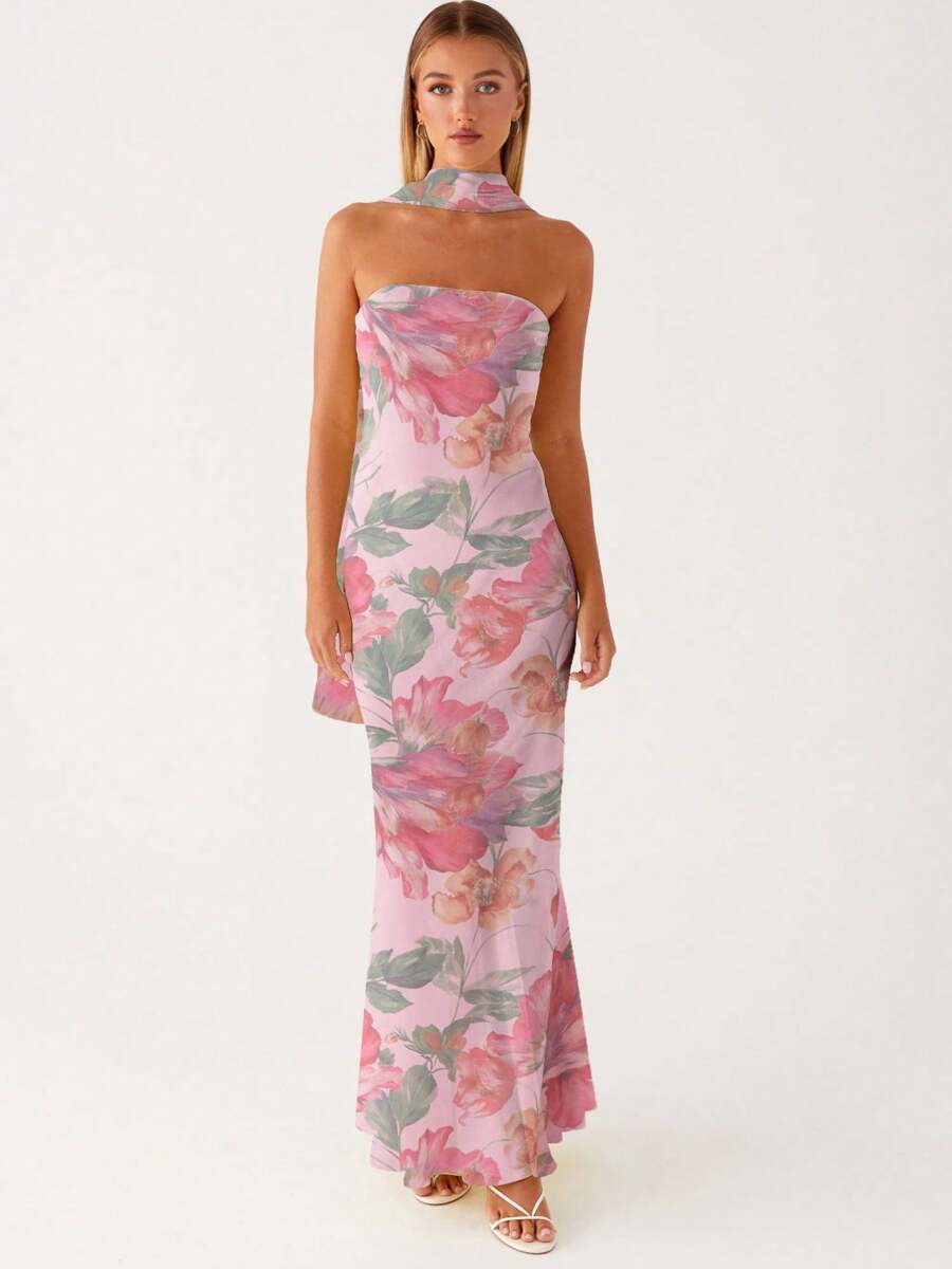 Women Summer Slim Fit Floral Off Shoulder Long Tube Dress With Scarf For Cocktail Parties - Màu tím  Violet - Xem 1