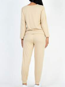 2pcs Pajama Sets For Women Solid Long Sleeve Tee & Pants PJ Set - 米色 - 查看 4