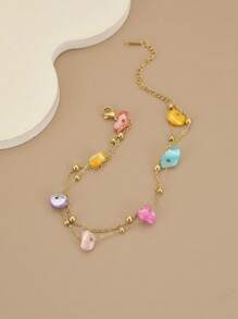 1pc Vibrant Multicolor Asymmetrical Stone Double Layer Women Stainless Steel Beach Anklet - Yellow Gold - View 2