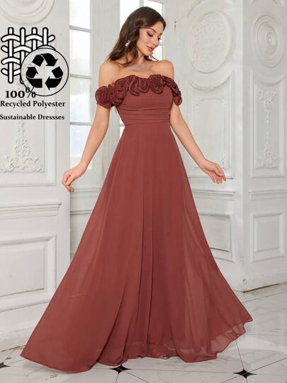  UNITHORSE 优雅面料露肩玫瑰荷叶边袖收腰喇叭下摆连衣裙，庄重礼服，女士连衣裙，伴娘服