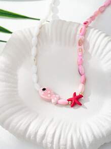 1pc Handmade Summer Ceramic Fish & Starfish Colorblock Boho Beaded Necklace, Vacation Style Bohemian Jewelry For Women - Multicolor - View 4