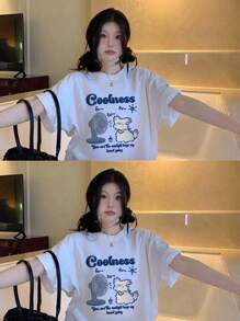 女式夏季可爱小狗图案印花圆领休闲短袖 T 恤 - 白色 - 查看 7