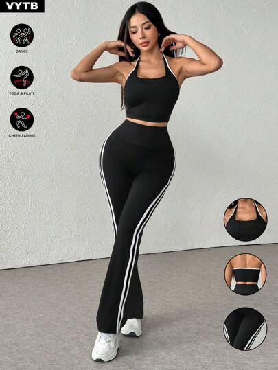 2pcs/Set Backless Crop Top Tank + High Waist Contrast Color Sports Pants, Casual Outdoor Activewear Set