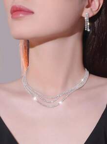 3pcs/Set Fashionable Rhinestone Necklace & Earring Jewelry Set, Claw Chain For Wedding Party - Silver - View 6