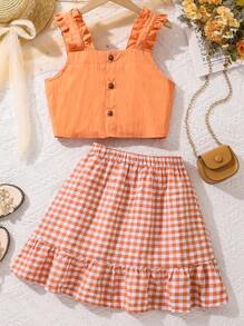 2pcs/Set Tween Girls Sweet Lace Camisole And Plaid Ruffle Hem Skirt Set, Suitable For Summer - Orange - View 1