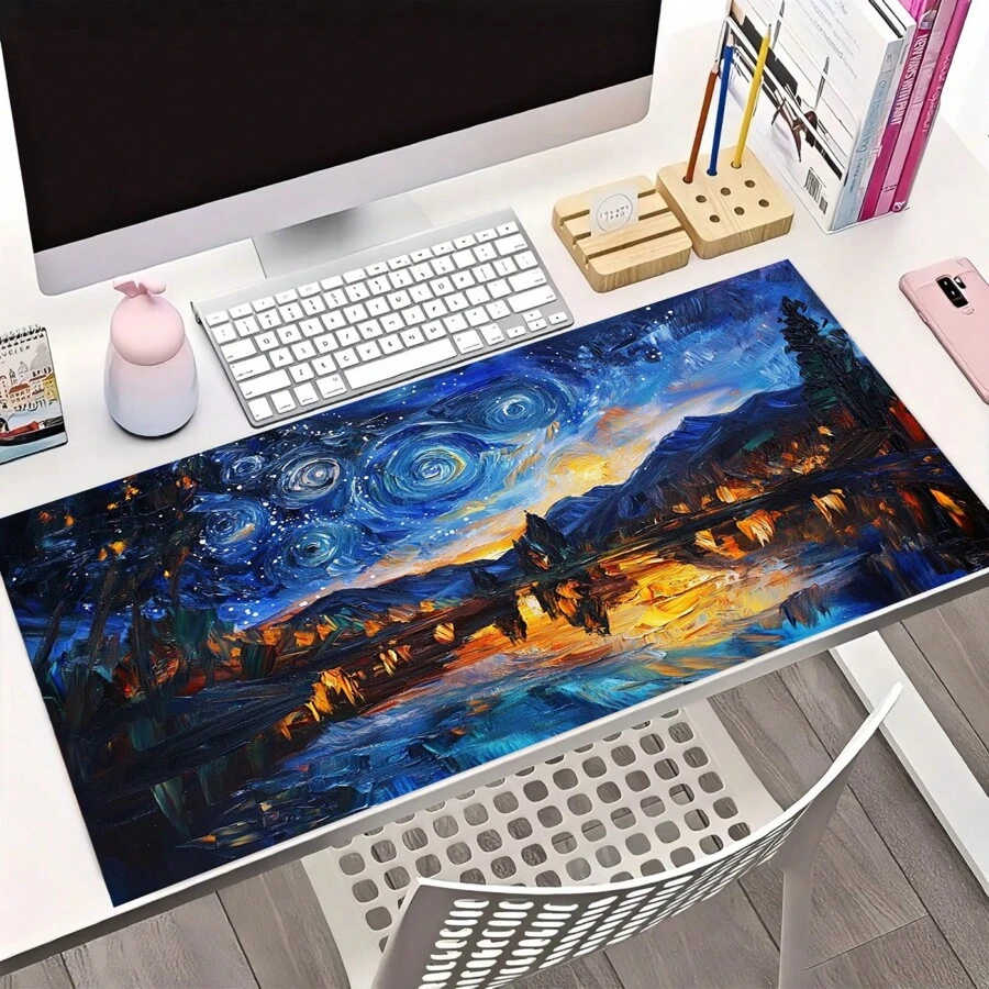 1 buc. Mouse Pad extins pentru jocuri, anti-alunecare, design cu model de artă cu cer înstelat, covoraș de birou durabil, cu margini cusute precise, potrivit pentru sporturi, computer și birou, covoraș de masă, covoraș pentru insulă