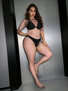 1pc Women Plus-Size Lingerie, Black Sheer Fishnet Jumpsuit, Bodystocking Sexy Jumpsuit, Women's Birthday Outfit - Black - View 4