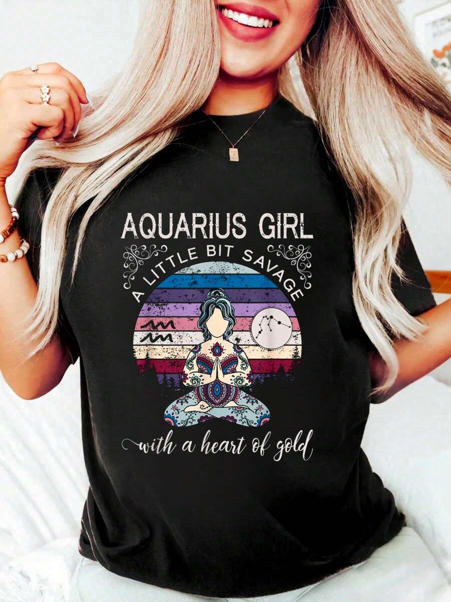 Funny Black 100% Cotton T Shirts For Women Aquarius Girl Body Positive Shirt Women February Birthday T-Shirt Graphic Tee For Women, O-Neck Short Sleeve Casual Tops - 黑色 - 查看 1