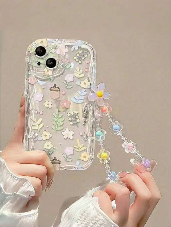 New TPU Anti-Drop Protective Lens Anti-Fingerprint Phone Case + Cute Cream INS Style Full Screen Floral Pattern + Floral Phone Strap + Complete Phone Case Set, Suitable For I16, I16 Pro Max, I15, I15 Pro Max, 12 Pro Max, 13 Pro Max, 14 Pro Max, 13, 14, 11, 12 Pro, 14, XS, XR, 78P, 78GES2