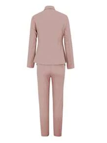 Women Solid Color Casual Long Sleeve Jacket And Pants Suit Set - Dusty Pink - View 3