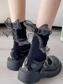 1 Pair/3 Pairs Women Solid Color Cute Bowknot Mid-Calf Socks, Sweet Lace Design, Thin Fabric For Spring/Summer
