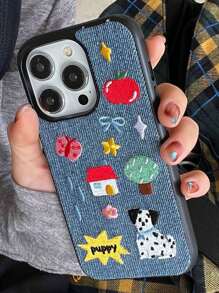 Funda de teléfono a prueba de caídas, a prueba de agua, a prueba de golpes y resistente a los arañazos, compatible con iPhone, con bordados creativos de lunares, casita de perro, estrella, lazo, letra y denim