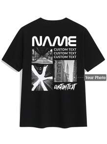 Camiseta personalizada para hombre, sube tu propia imagen/foto/arte/paisaje, texto/bendición/mensaje/eslogan/nombre personalizado, personalice su texto, nombre y bendición, camiseta de cuello redondo de manga corta, negra, para festival de música, uso familiar, regalo de San Valentín, regalo de aniversario, regalo para amigos, regalo festivo, tops de verano