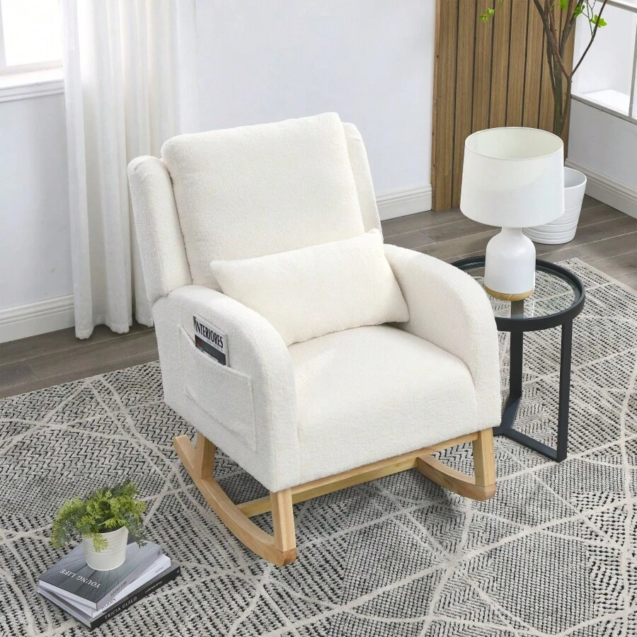 [Video] Welike 27.5 "W Modern Accent High Back Living Room Casual Armchair Rocker With One Lumbar Pillow, Two Side Pockets,Teddy White (Ivory)
