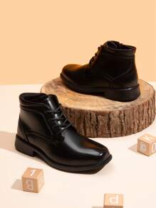 Boys Dress Ankle Boots Lace-Up Formal School Shoes With Size Zipper - Black - View 4