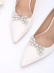 1 对（2 件）仿水晶珍珠金色和白色金属蝴蝶结可拆卸 DIY 鞋夹，时尚优雅鞋履配饰，适合女士高跟鞋、浅口鞋、商务高跟鞋、婚礼新娘鞋，黑色、白色、红色