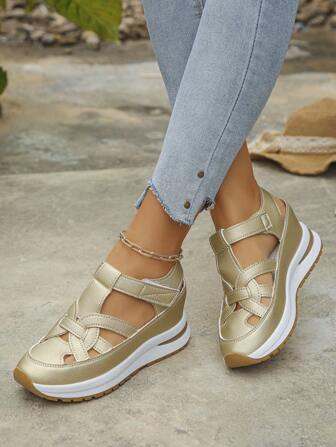 Women's Platform Wedge Sandals, Roman Sandals, New Fashion Peep Toe Hollow Out Chunky Heel Sandals, Color Block Non-Slip Sole, Closure, Summer Increased Height Sandals, Round Toe Comfortable Casual Walking Shoes, Essential Vacation & Party Sandals, Solid Color Thick Bottom Sandals