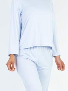 2pcs Pajama Sets For Women Solid Long Sleeve Tee & Pants PJ Set - 牡蠣灰 - 查看 5