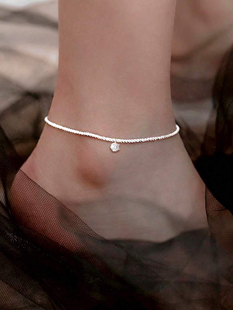 1pc Fashionable Minimalist Silver Shiny Rhinestone Encrusted Anklet, Suitable For Vacation And Beach - Silver - View 1