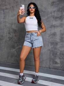 Shorts Denim Casual Desbotada de Verão