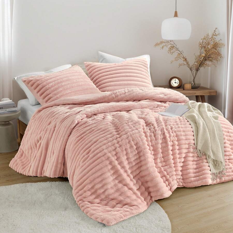 Fluffy Ribbed 2/3 Pieces Cord-Textured Bedding Comforter Set,Plush 300 Gsm Fabric For Weighty Durability And Softness Comforter Sets,2 Pieces Set For Twin-Twin XL Size,3 Pieces Set For Full-Queen-King-CAL King Size,Cozy All-Season Home Textile For Stylish Home Bedroom Décor,Modern Room Decor,Summer Prmo, Halloween Christmas Thanks Giving Gifts - 粉色 - 查看 1