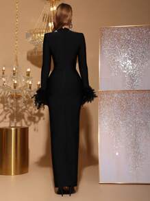 Modphy New Studded Feather Decor Long Sleeve Tight Bandage Dress, Women Formal Wedding/Gala/Party Gown, For Evening, Wedding Guest - Black - View 6