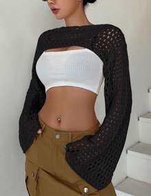 GoyRrbay Womens Cropped Knit Sweater Top Hollow Out Bolero Shrug See Through Crochet Shrug Y2K Top - màu đen - Xem 4