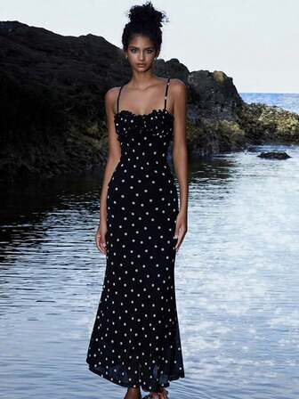 ZIAI 新款女式夏季 INS 法式优雅紧身露背波尔卡圆点吊带连衣裙