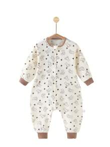 男女通用秋季双层棉纱分腿婴儿睡袋，可爱小熊印花长袖透气睡衣，男婴女婴睡袋