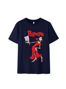 Women's Cartoon Popeye Print Round Neck Short Sleeve Casual T-Shirt, Fashionable And Versatile For Spring/Summer Daily Wear - Navy Blue - View 4