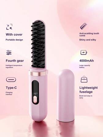 Peigne lissant électrique sans fil, peigne lissant sans fil, chauffe rapidement avec bouton de démarrage, chargement Type-C, réglage de température à 4 niveaux pour répondre à différents besoins capillaires, utilisation simple pour les débutants, conception anti-chaleur sécuritaire, peigne lisse, revêtement céramique pour le soin des cheveux sans les abîmer, compact et portable pour la maison ou les voyages, outils de coiffure, cadeau pour femmes