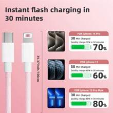 1 pieza/4 piezas Cable de datos trenzado de nailon de Tipo C a Lightning de 20W, 3.3ft/100cm, compatible con iPhone 14 13 12 11 Pro Max XR XS X 8 7 6 Plus SE/iPad, cable de carga rápida de alta velocidad