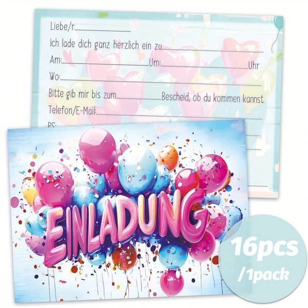16pcs Colorful Balloon Doodle Party Invitation Cards - Decorative For Birthday & School Events, Featuring Vibrant Balloon Designs, German Text Area For Name, Phone Number And Email, Birthday Party Decor