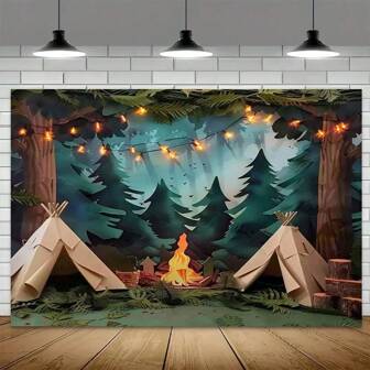 1 st fotografering campingbakgrund - skogsscen med tält, eldstad och ljusslingor - perfekt för fester, fotobås och evenemangsinredning, dekoration av campingtema, dekoration för flera ändamål och campingtillbehör