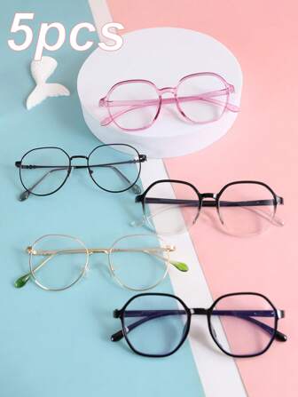 paquete de combinación de 5/1 pieza - Juego de gafas de moda transparentes para niños, con marcos y colores elegantes, adecuado para uso diario y decoración de niños y niñas, excelente como regalo